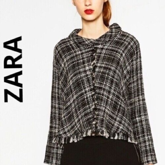 Zara EUC Houndstooth Tweed Plaid Oversized Fringe Mock Neck Top Sweater Size S - Picture 2 of 8